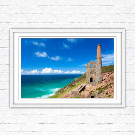 Cornish tin mine Framed picture print with a choice of frame colours. Beach seascape
