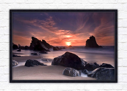 Sunset picture. Adraga beach, Portugal. Framed picture print with a choice of frame colours. Beautiful evening sunset.