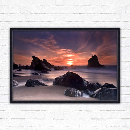 Sunset picture. Adraga beach, Portugal. Framed picture print with a choice of frame colours. Beautiful evening sunset.