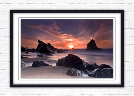 Sunset picture. Adraga beach, Portugal. Framed picture print with a choice of frame colours. Beautiful evening sunset.