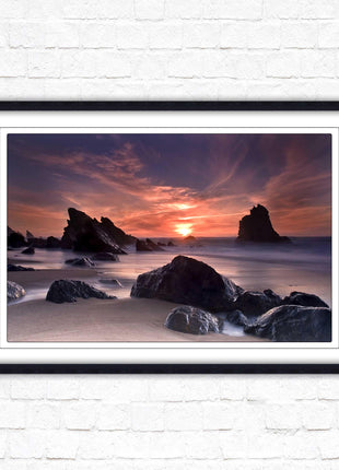 Sunset picture. Adraga beach, Portugal. Framed picture print with a choice of frame colours. Beautiful evening sunset.