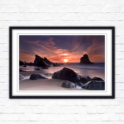 Sunset picture. Adraga beach, Portugal. Framed picture print with a choice of frame colours. Beautiful evening sunset.