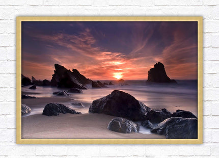 Sunset picture. Adraga beach, Portugal. Framed picture print with a choice of frame colours. Beautiful evening sunset.