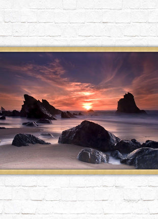Sunset picture. Adraga beach, Portugal. Framed picture print with a choice of frame colours. Beautiful evening sunset.