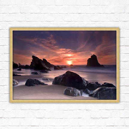 Sunset picture. Adraga beach, Portugal. Framed picture print with a choice of frame colours. Beautiful evening sunset.