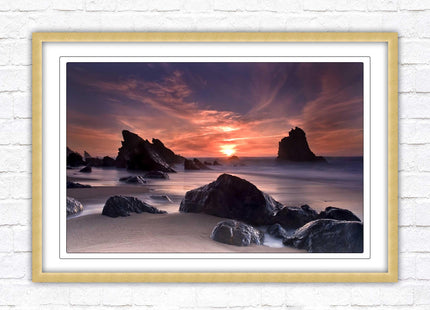 Sunset picture. Adraga beach, Portugal. Framed picture print with a choice of frame colours. Beautiful evening sunset.