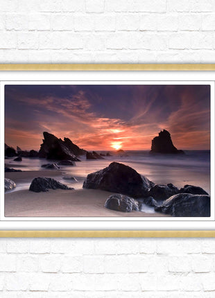 Sunset picture. Adraga beach, Portugal. Framed picture print with a choice of frame colours. Beautiful evening sunset.
