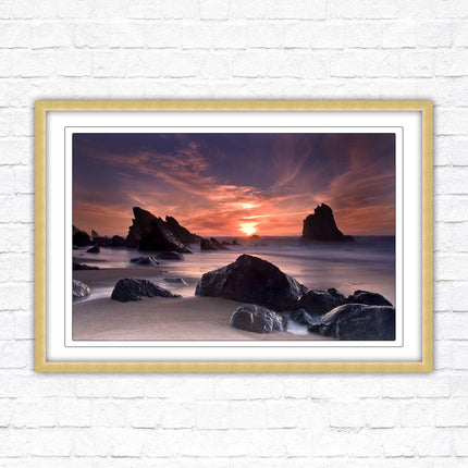 Sunset picture. Adraga beach, Portugal. Framed picture print with a choice of frame colours. Beautiful evening sunset.