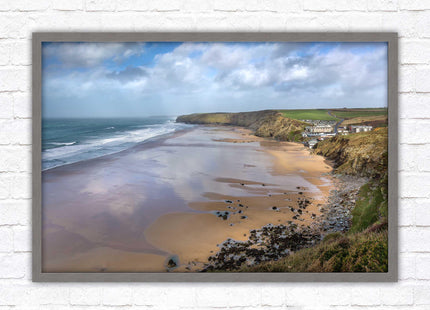 Watergate Bay on a winters day. Cornwall. Framed picture print with choice of frame colours