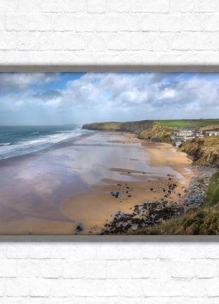 Watergate Bay on a winters day. Cornwall. Framed picture print with choice of frame colours