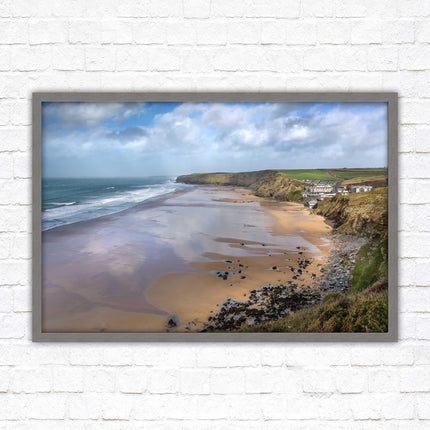 Watergate Bay on a winters day. Cornwall. Framed picture print with choice of frame colours