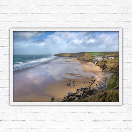 Watergate Bay on a winters day. Cornwall. Framed picture print with choice of frame colours