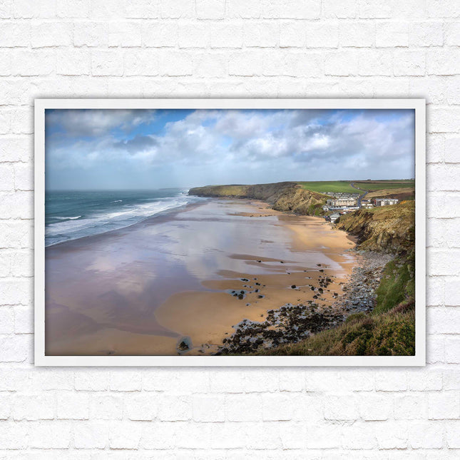 Watergate Bay on a winters day. Cornwall. Framed picture print with choice of frame colours