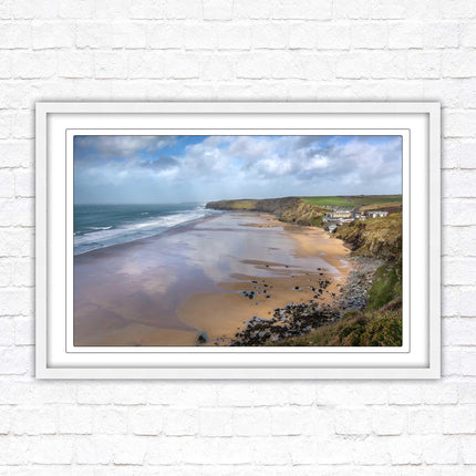Watergate Bay on a winters day. Cornwall. Framed picture print with choice of frame colours