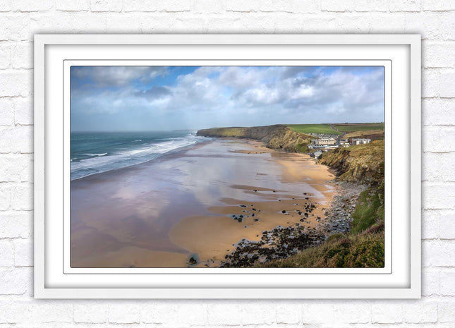Watergate Bay on a winters day. Cornwall. Framed picture print with choice of frame colours