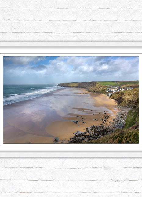 Watergate Bay on a winters day. Cornwall. Framed picture print with choice of frame colours