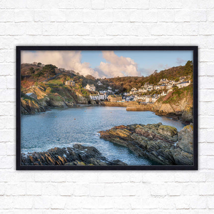 Polperro Harbour in early morning light, Cornwall. Framed picture print with choice of frame colours