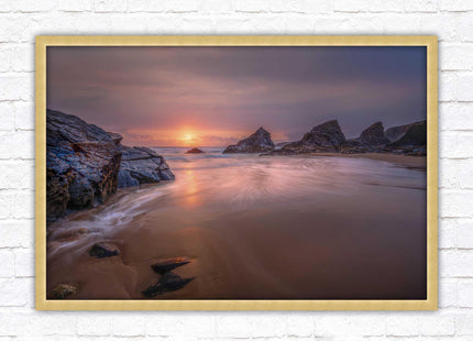 Sunset at Bedruthen steps. Cornwall coast. Framed picture print with choice of frame colours