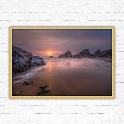 Sunset at Bedruthen steps. Cornwall coast. Framed picture print with choice of frame colours