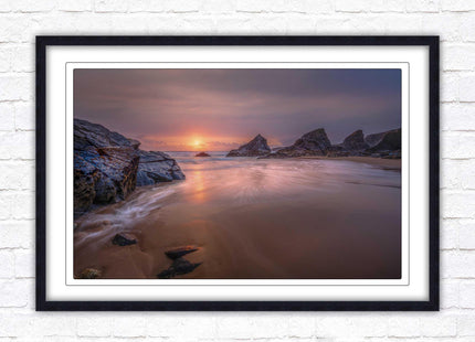 Sunset at Bedruthen steps. Cornwall coast. Framed picture print with choice of frame colours