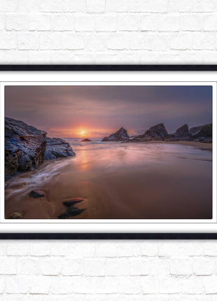 Sunset at Bedruthen steps. Cornwall coast. Framed picture print with choice of frame colours