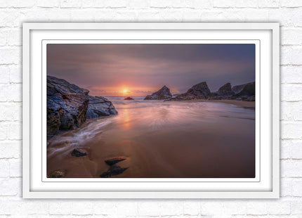 Sunset at Bedruthen steps. Cornwall coast. Framed picture print with choice of frame colours