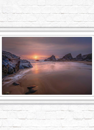 Sunset at Bedruthen steps. Cornwall coast. Framed picture print with choice of frame colours