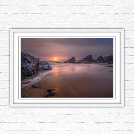 Sunset at Bedruthen steps. Cornwall coast. Framed picture print with choice of frame colours