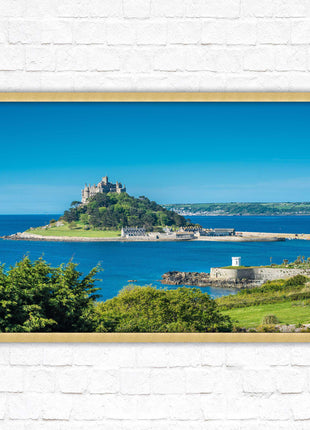 St Michael&#39;s Mount. Cornwall. Framed picture print with a choice of frame colours. Beach seascape, tourist destination.