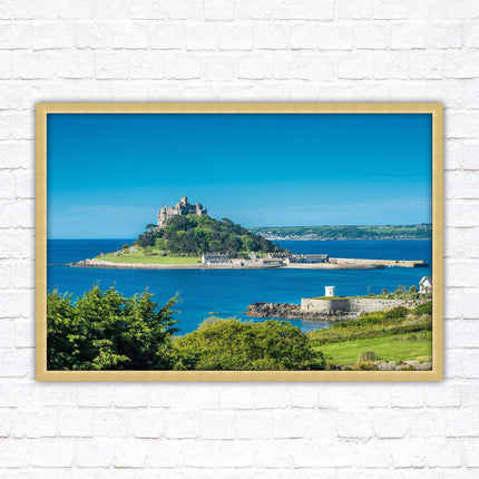St Michael's Mount. Cornwall. Framed picture print with a choice of frame colours. Beach seascape, tourist destination.