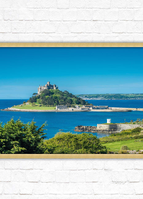 St Michael&#39;s Mount. Cornwall. Framed picture print with a choice of frame colours. Beach seascape, tourist destination.