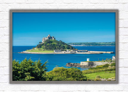 St Michael's Mount. Cornwall. Framed picture print with a choice of frame colours. Beach seascape, tourist destination.