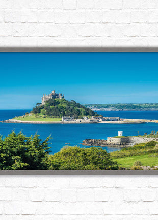 St Michael&#39;s Mount. Cornwall. Framed picture print with a choice of frame colours. Beach seascape, tourist destination.