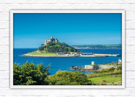 St Michael's Mount. Cornwall. Framed picture print with a choice of frame colours. Beach seascape, tourist destination.