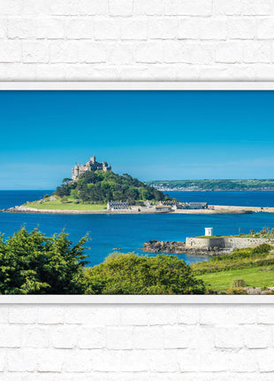 St Michael&#39;s Mount. Cornwall. Framed picture print with a choice of frame colours. Beach seascape, tourist destination.
