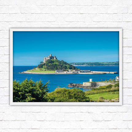 St Michael's Mount. Cornwall. Framed picture print with a choice of frame colours. Beach seascape, tourist destination.