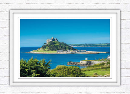 St Michael's Mount. Cornwall. Framed picture print with a choice of frame colours. Beach seascape, tourist destination.
