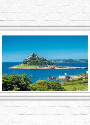 St Michael&#39;s Mount. Cornwall. Framed picture print with a choice of frame colours. Beach seascape, tourist destination.