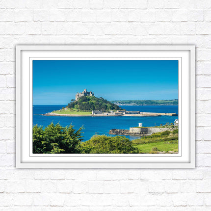 St Michael's Mount. Cornwall. Framed picture print with a choice of frame colours. Beach seascape, tourist destination.