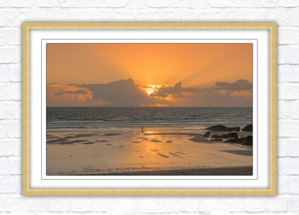 Fistral beach at sunset, Cornwall. Framed picture print with a choice of frame colours. Beach seascape. Surfing, waves.