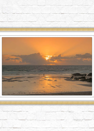 Fistral beach at sunset, Cornwall. Framed picture print with a choice of frame colours. Beach seascape. Surfing, waves.