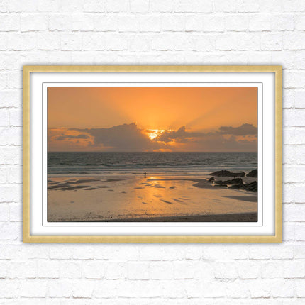 Fistral beach at sunset, Cornwall. Framed picture print with a choice of frame colours. Beach seascape. Surfing, waves.