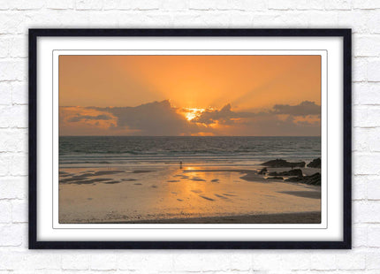 Fistral beach at sunset, Cornwall. Framed picture print with a choice of frame colours. Beach seascape. Surfing, waves.