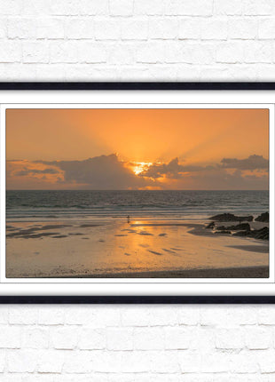 Fistral beach at sunset, Cornwall. Framed picture print with a choice of frame colours. Beach seascape. Surfing, waves.