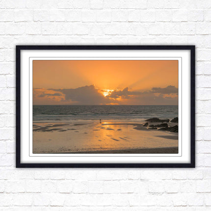 Fistral beach at sunset, Cornwall. Framed picture print with a choice of frame colours. Beach seascape. Surfing, waves.