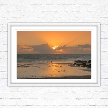 Fistral beach at sunset, Cornwall. Framed picture print with a choice of frame colours. Beach seascape. Surfing, waves.