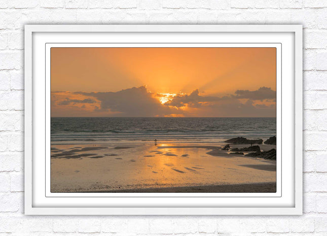 Fistral beach at sunset, Cornwall. Framed picture print with a choice of frame colours. Beach seascape. Surfing, waves.