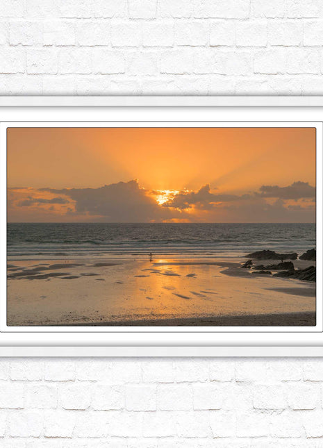 Fistral beach at sunset, Cornwall. Framed picture print with a choice of frame colours. Beach seascape. Surfing, waves.