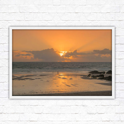 Fistral beach at sunset, Cornwall. Framed picture print with a choice of frame colours. Beach seascape. Surfing, waves.
