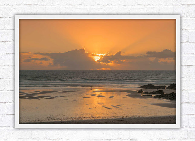 Fistral beach at sunset, Cornwall. Framed picture print with a choice of frame colours. Beach seascape. Surfing, waves.